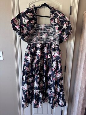 One Loved Babe Black Floral Smocked Midi Dress 1X